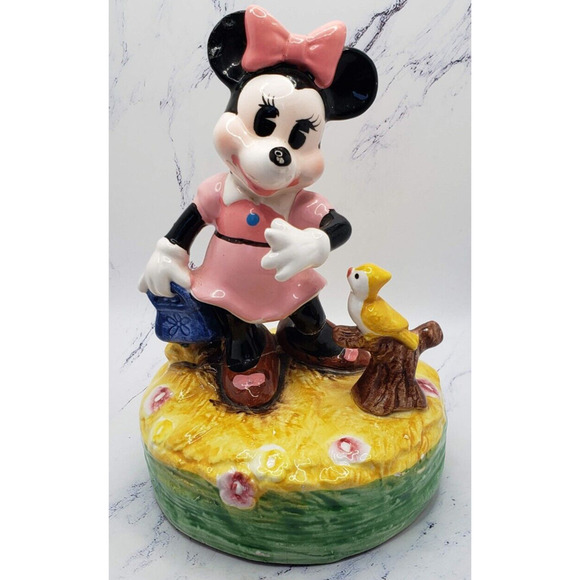 Walt Disney Ceramic Minnie Mouse Nature Scene With Bird Figurine Vintage - Picture 1 of 6